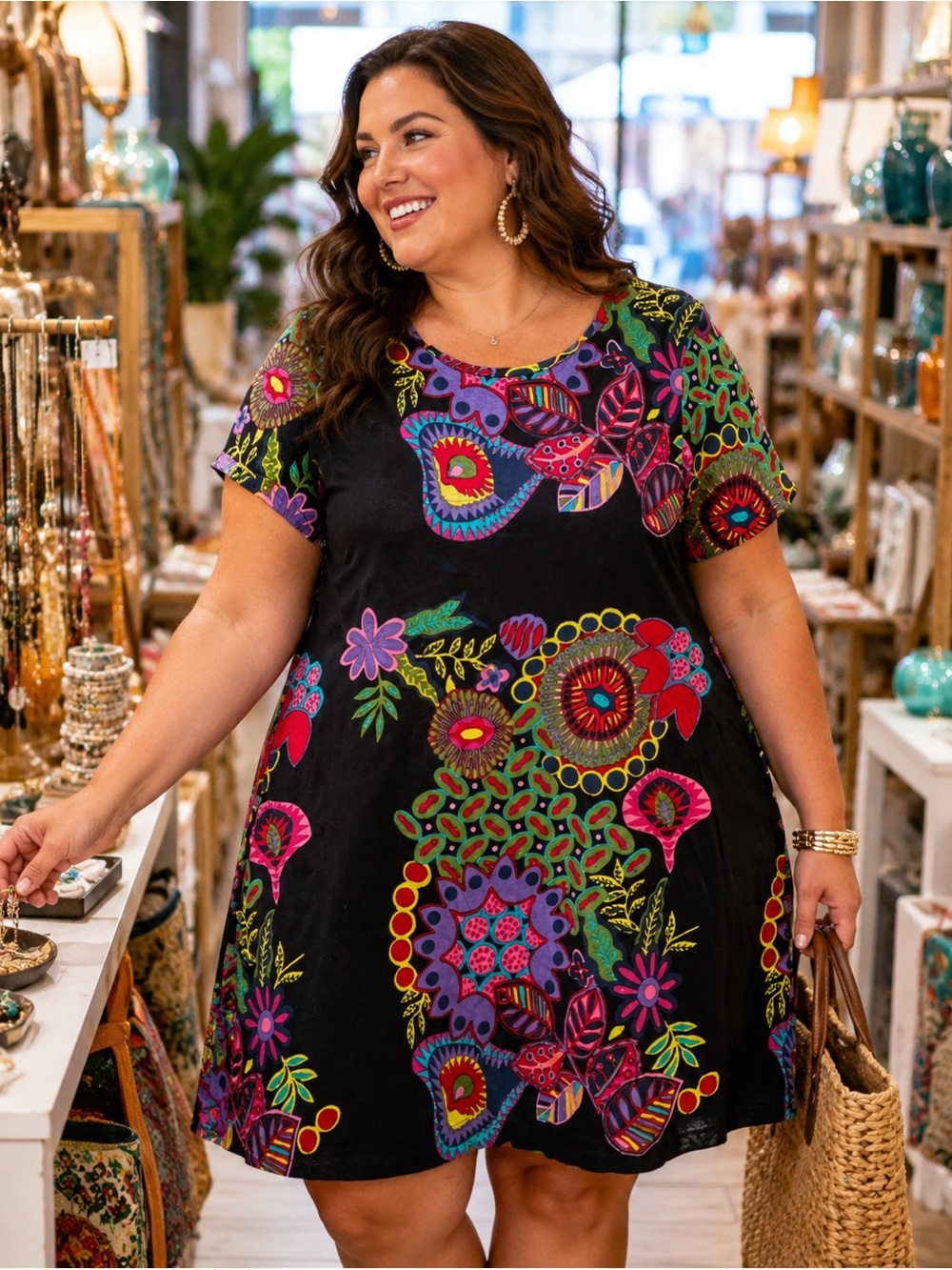 100% Preshrunk Cotton Bold Knit Multi-Colored Bohemian Floral and Paisley Dress